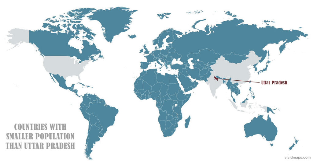 Countries with smaller population than Uttar Pradesh mapped