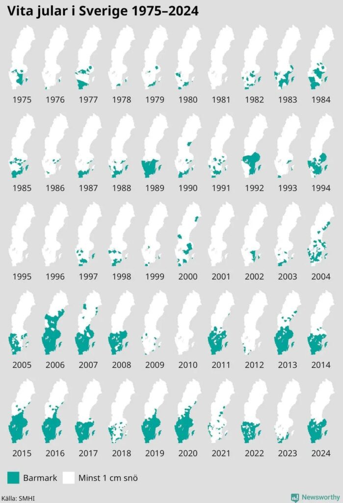 White Christmas in Sweden mapped
