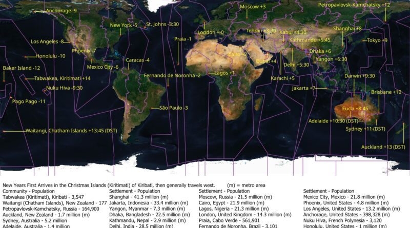 World map: Largest community in each-time zone on New Years day