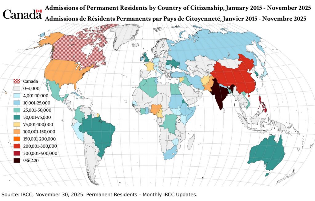 Canada - Admissions of Permanent Residents by Country of Citizenship, 2015-2025