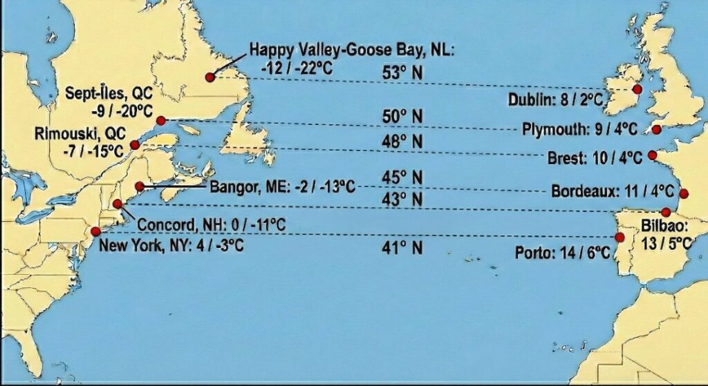 Average temperatures in January from different cities with similar latitudes across the north Atlantic ocean