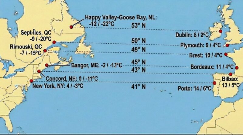 Average temperatures in January from different cities with similar latitudes across the north Atlantic ocean