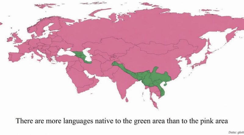 There are more languages native to the green area than to the red area