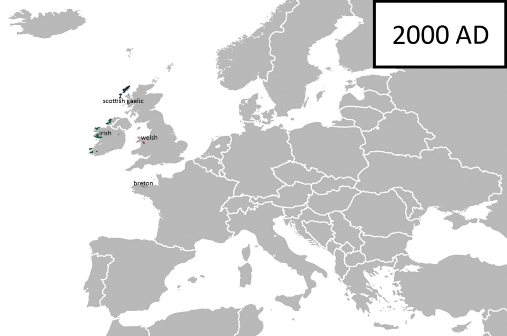 Celtic languages at 2000 AD in Europe