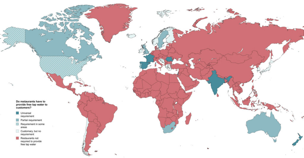 Legal obligation to provide free tap water in restaurants mapped