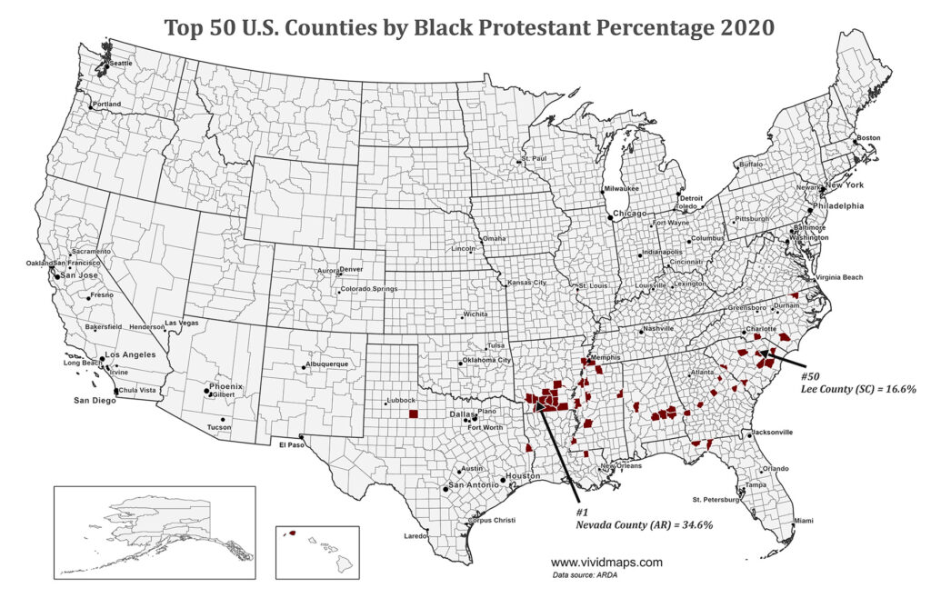 Top 50 U.S. Counties by Black Protestant Percentage in 2020 mapped