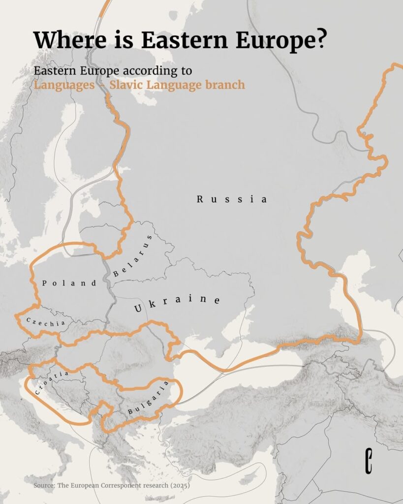 Eastern Europe according to languages of Slavic language branch (Russia, Belarus, Ukraine, Poland, Czechia, Bulgaria, Croatia, Serbia)