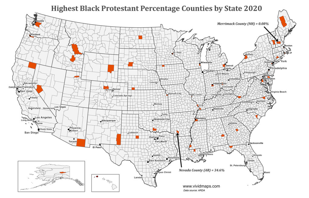 Highest Black Protestant Percentage Counties by U.S. State in 2020 Mapped