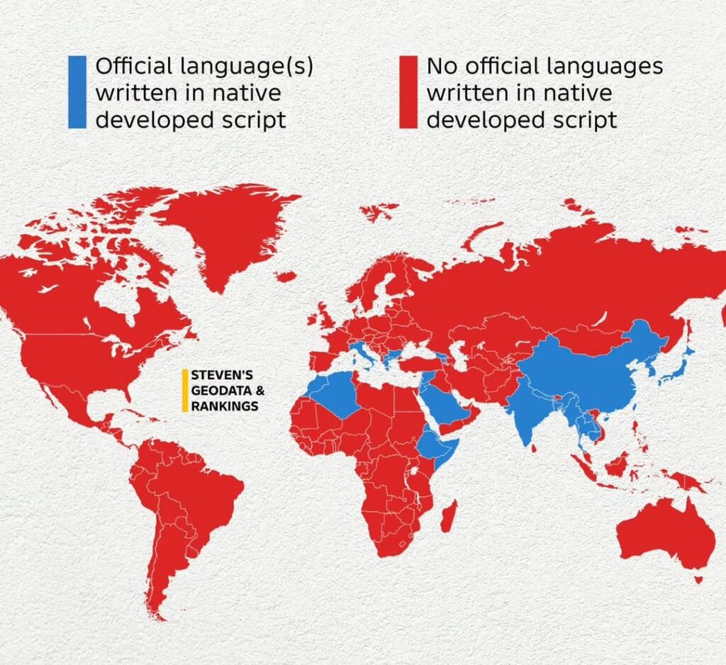 World map showing countries where at least one official language is written in a natively developed script (blue) and countries where no official languages use a native script (red)