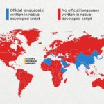 World map showing countries where at least one official language is written in a natively developed script (blue) and countries where no official languages use a native script (red)