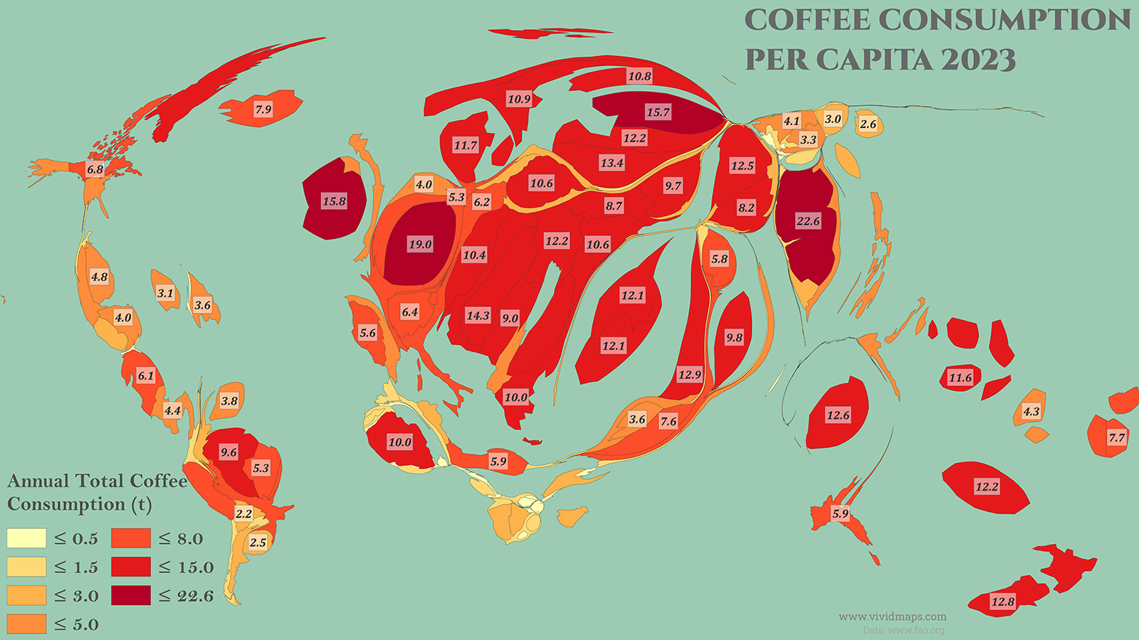 Coffee Consumption Per Capita Worldwide (Cartogram)