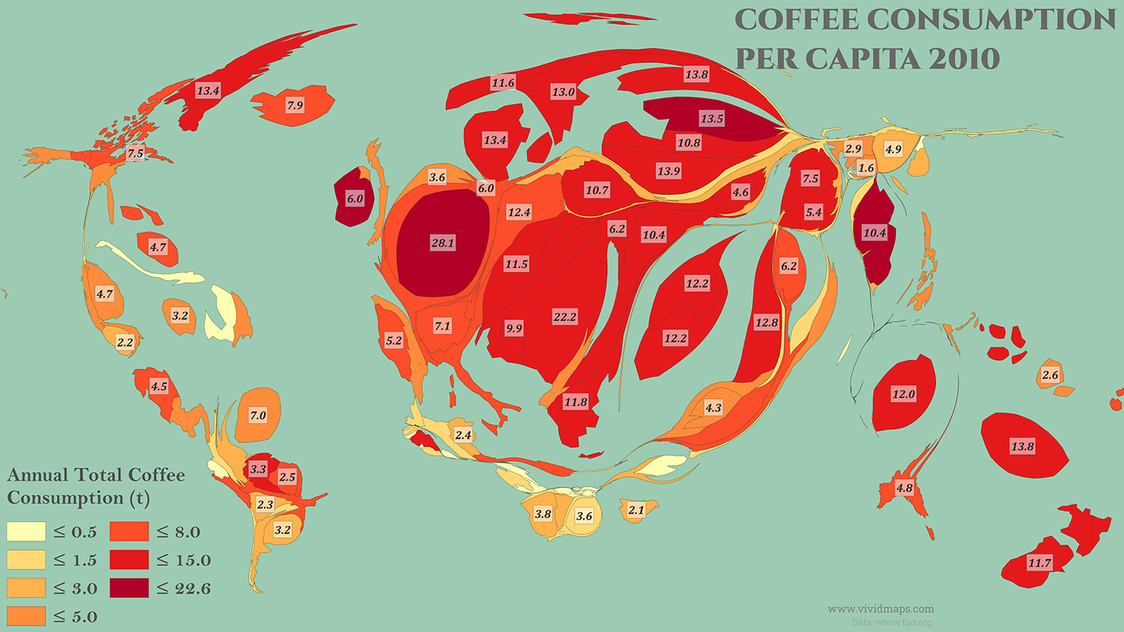 Coffee Consumption Per Capita Worldwide (cartogram) in 2010