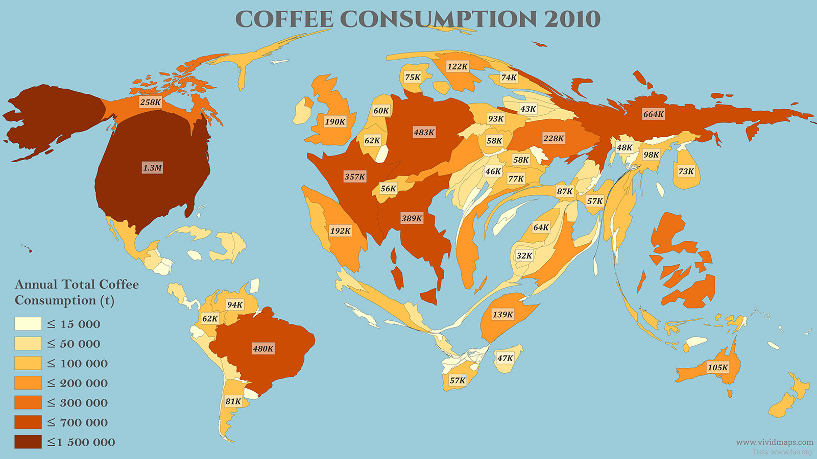 Coffee consumption worlwide in 2010 (cartogram)