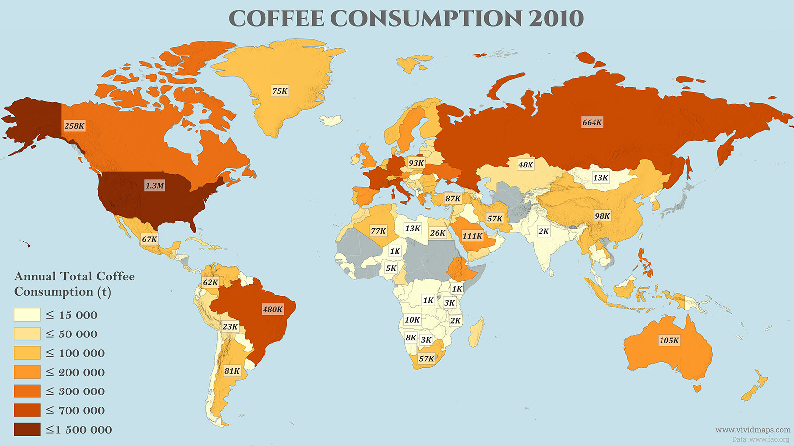 World map of coffee consumption in 2010