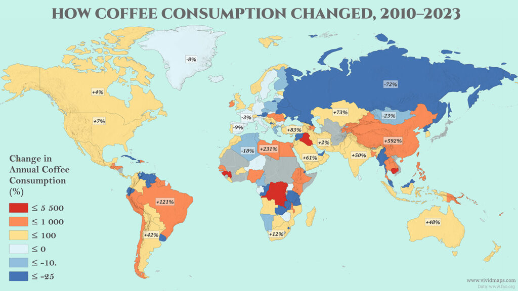 Coffee consumption percentage change from 2010 to 2023 mapped