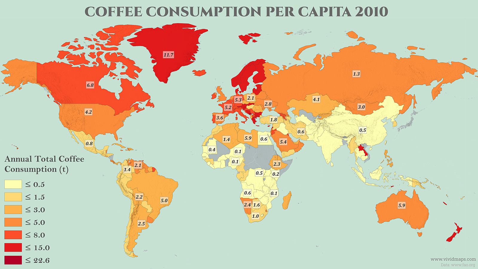 World Map of Coffee Consumption Per Capita Worldwide in 2010
