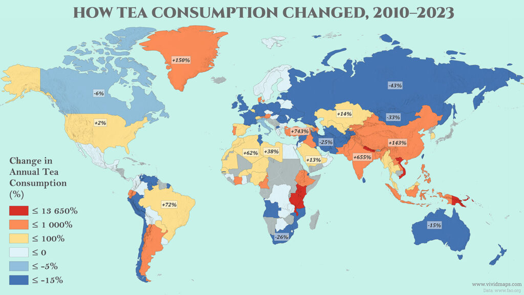 Wordl map of how tea consumption changed from 2010 to 2023