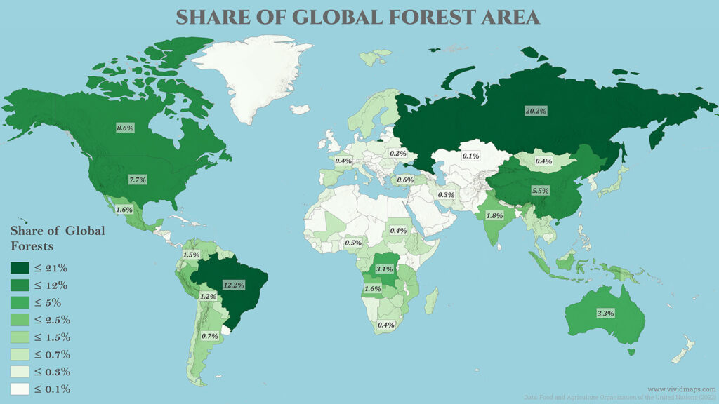 World map of share of global forest area