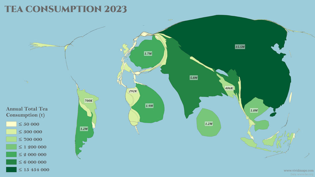 World map of tea consumption cartogram 2023