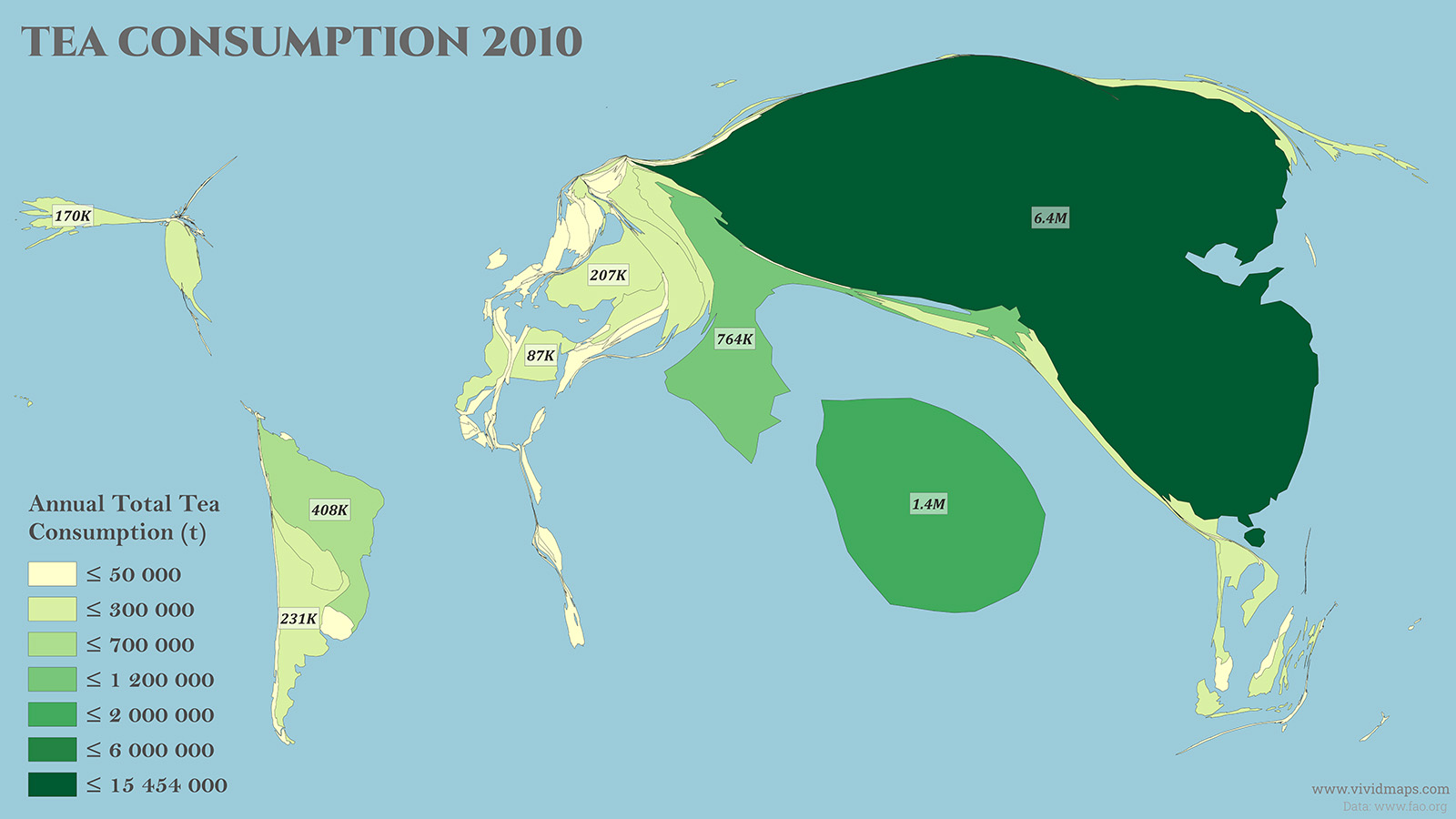 World Map of Tea Consumption by Country in 2010 (Cartogram)