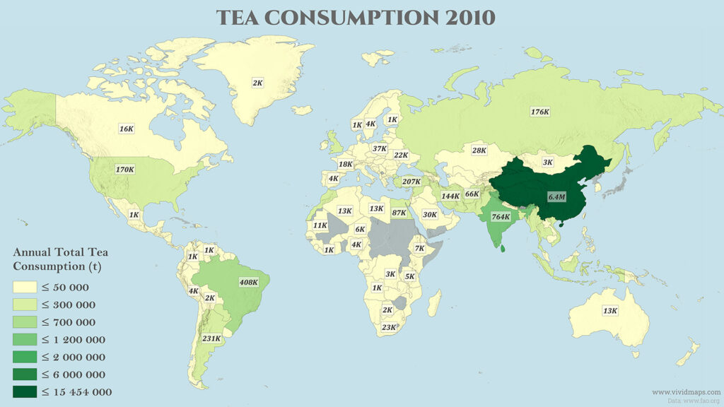 World map of tea consumption in 2010