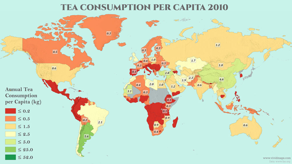 Tea consumption per capita in 2010 mapped