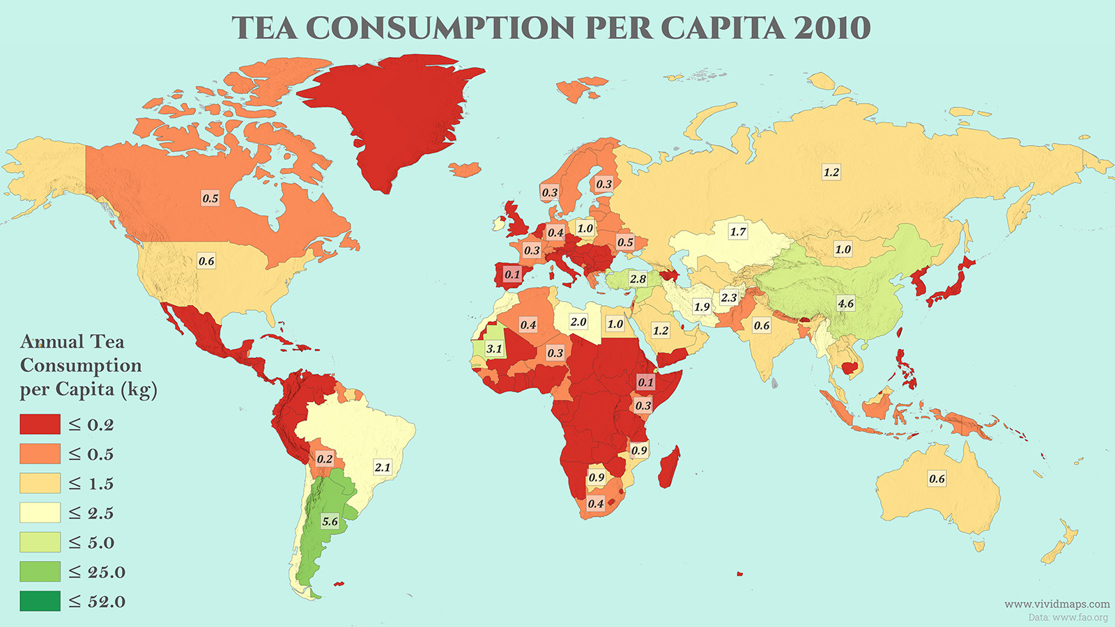 World Map of Tea Consumption Per Capita by Country in 2010
