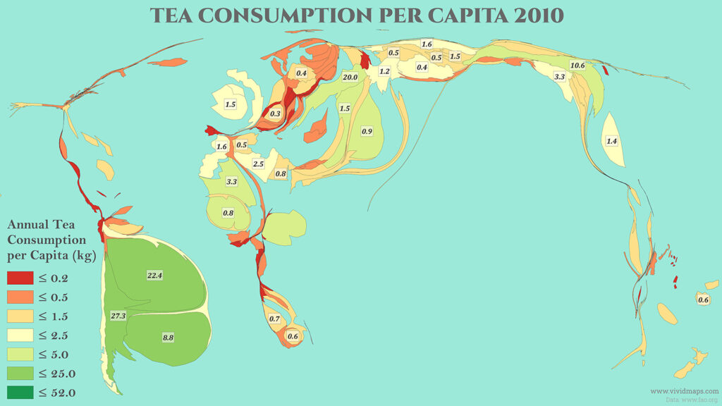 Tea Consumption Per Capita by country in 2010 (cartogram)
