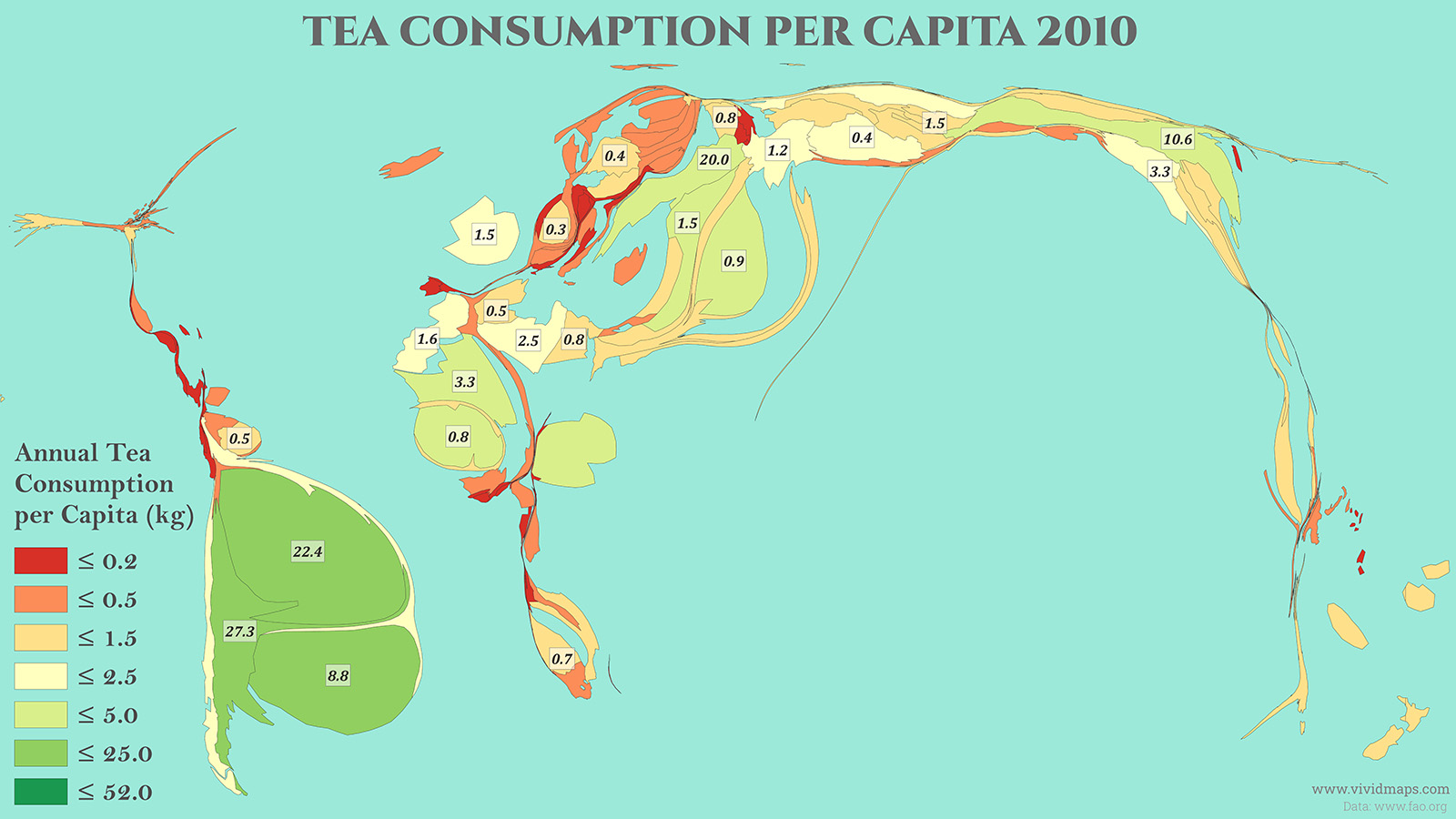 Tea Consumption Per Capita in 2010 (Cartogram)