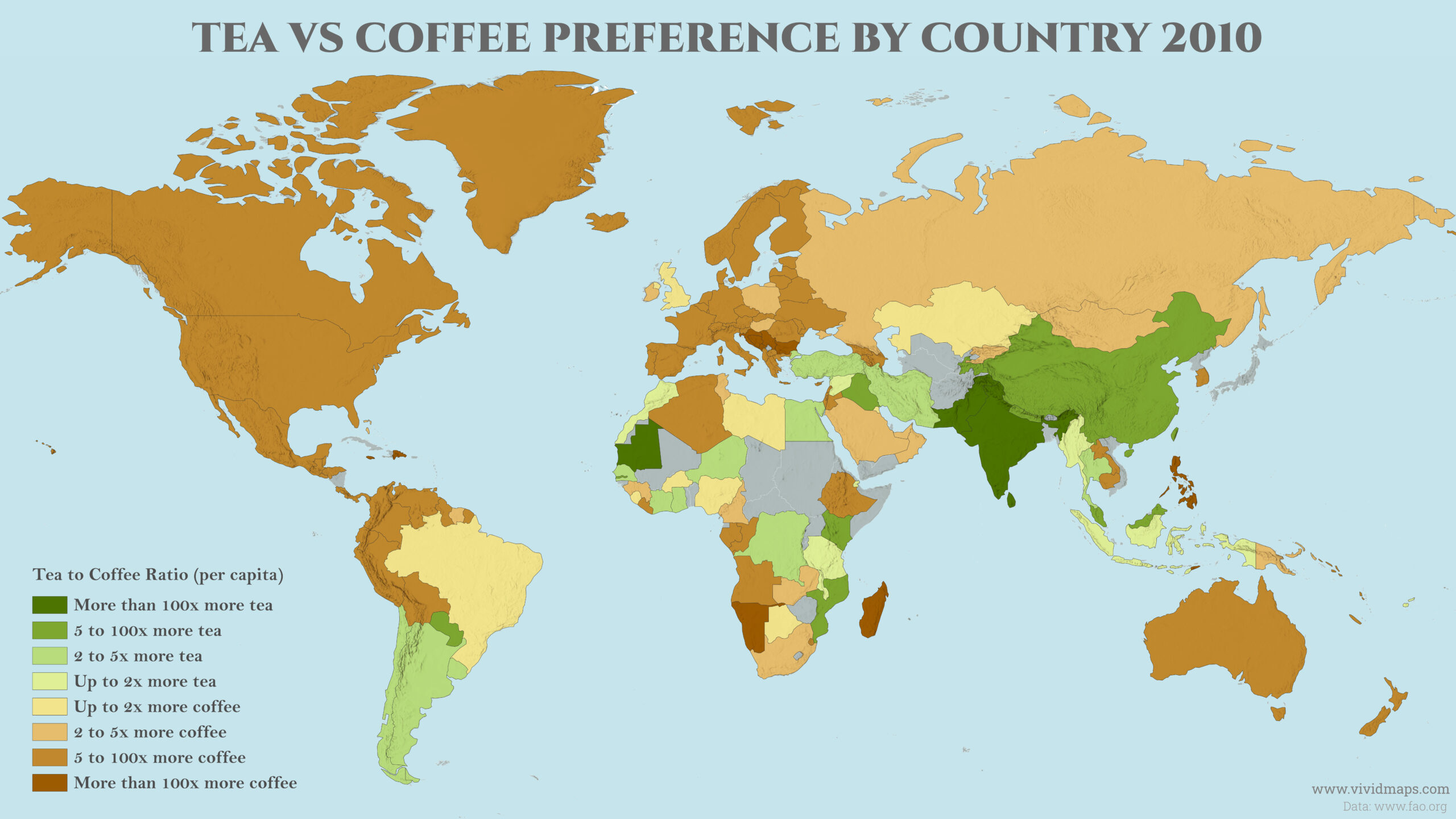 Tea Vs. Coffee Preference by Country by Country in 2010 mapped