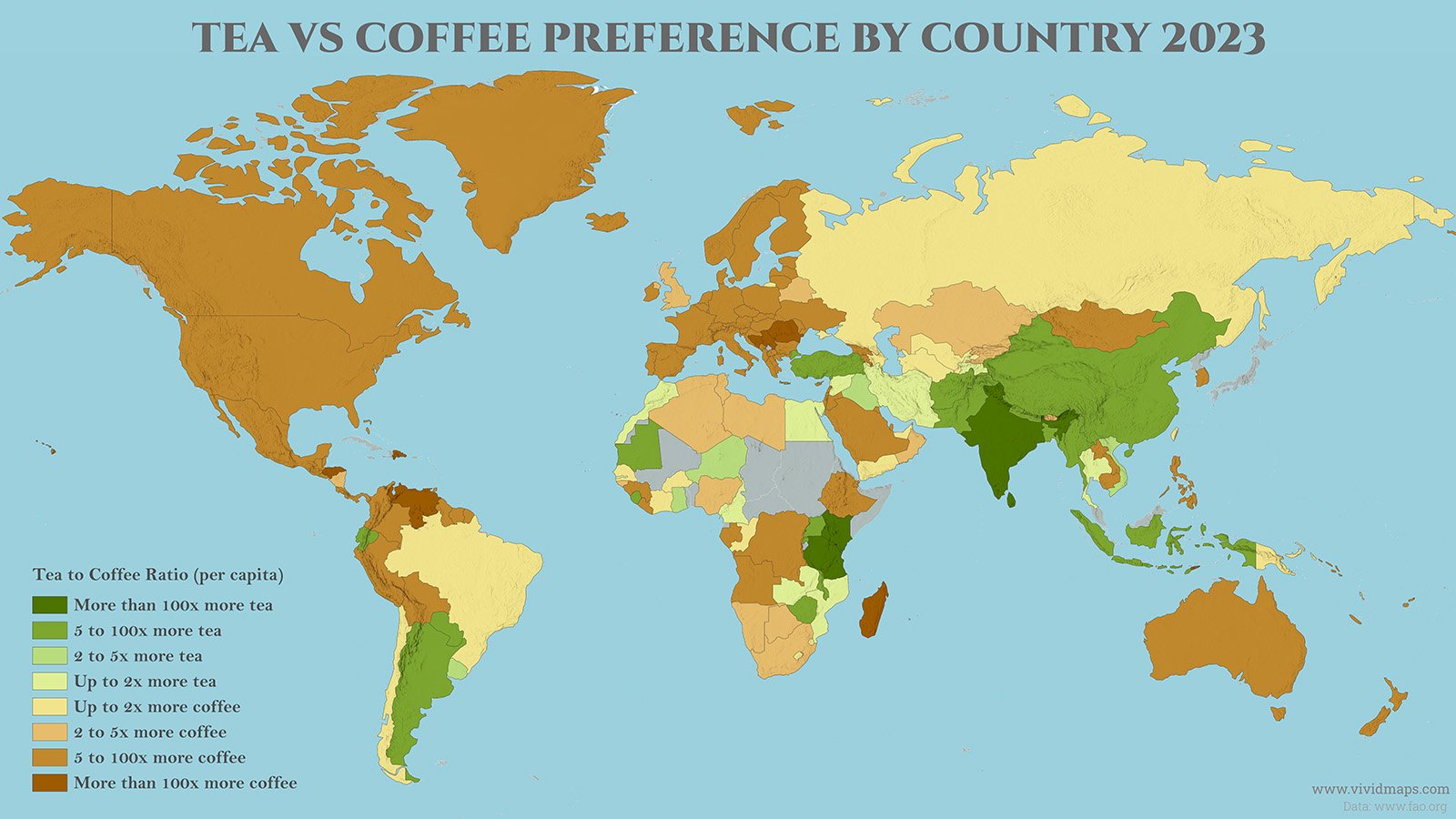 World Map of Tea Vs. Coffee Preference by Country