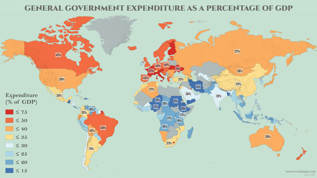World map of General Government Expenditure as a Percentage of GDP