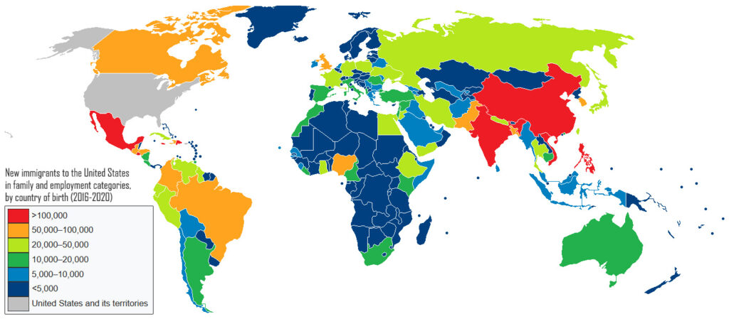 World Map of New Immigrants to the United States in family and employment categories by country of birth (2016-2020)