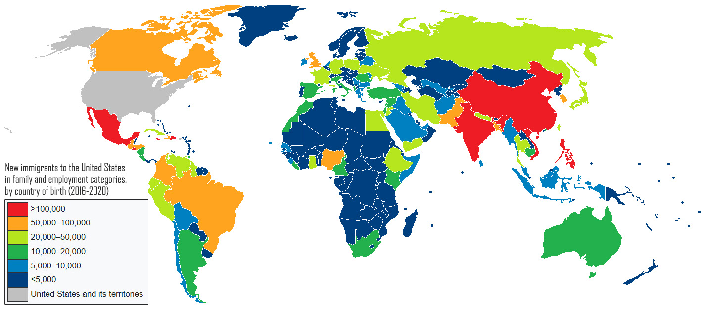 World Map of New Immigrants to the United States in family and employment categories by country of birth (2016-2020)