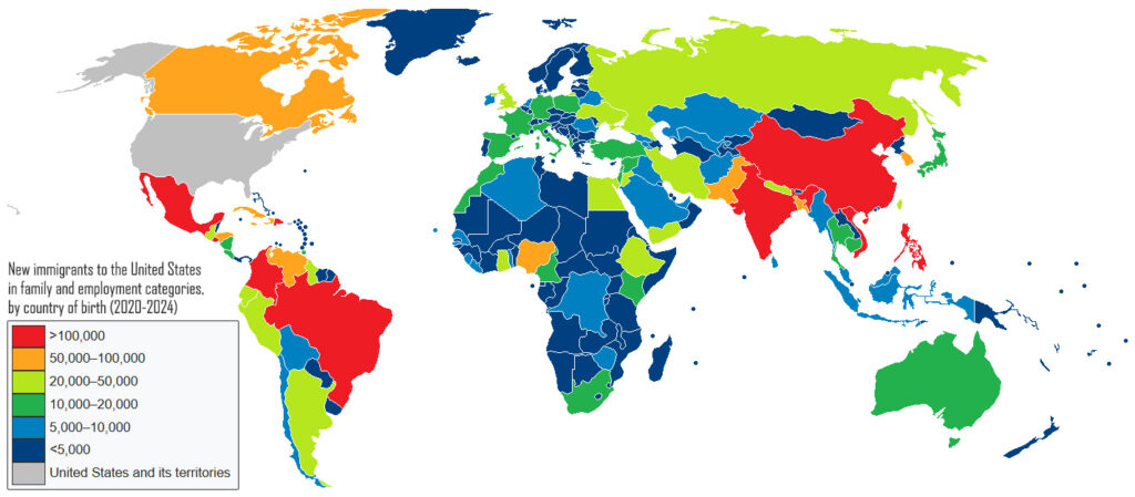 World Map of New Immigrants to the United States in family and employment categories by country of birth (2020-2024)