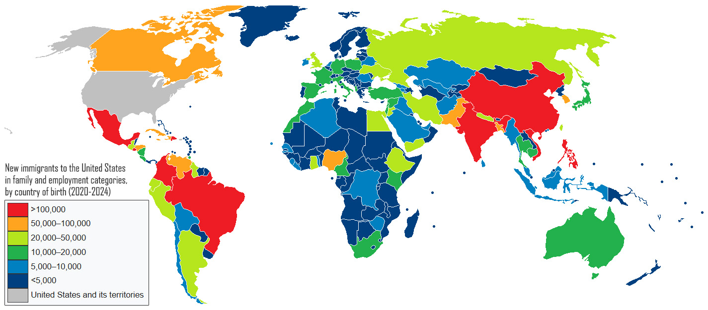 World Map of New Immigrants to the United States in family and employment categories by country of birth (2020-2024)