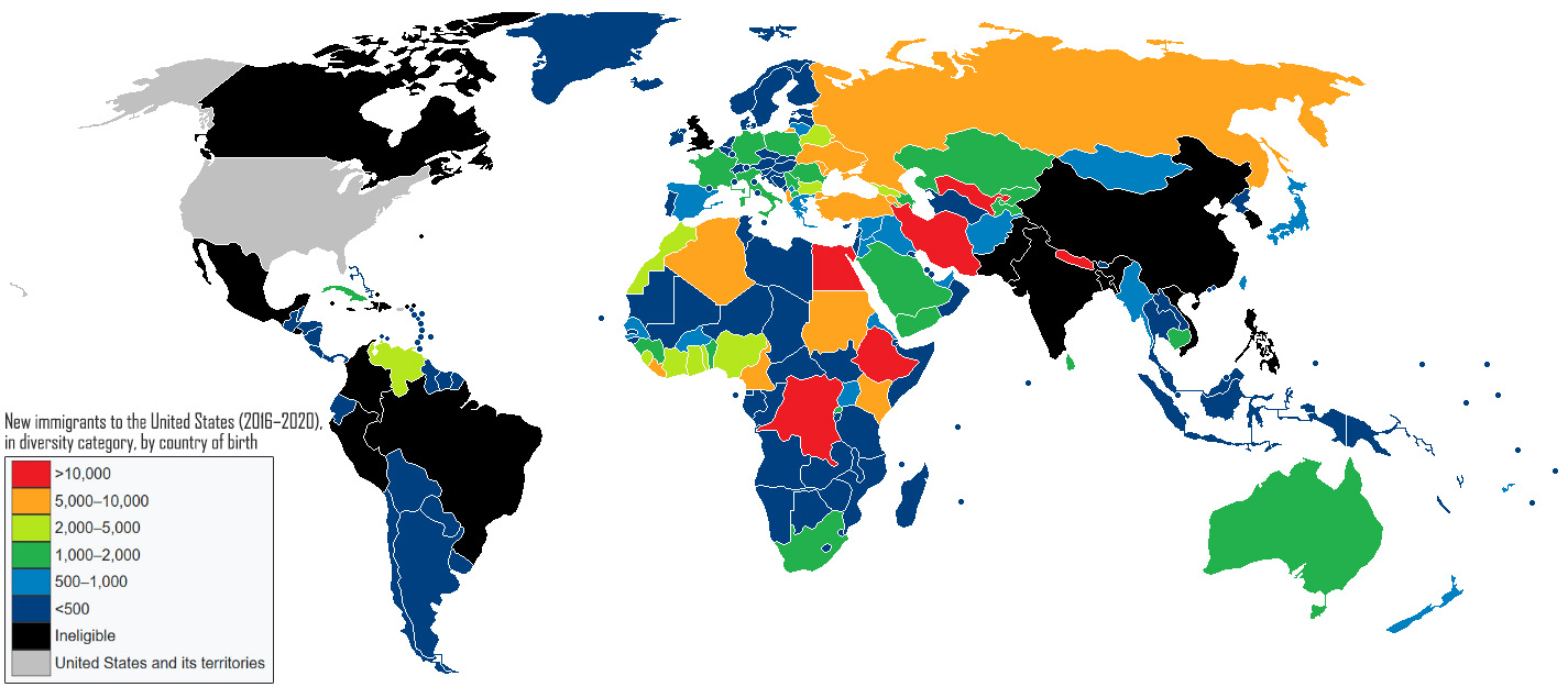 World map of New Immigrants to the United States (2016-2020) in diversity category, by country of birth
