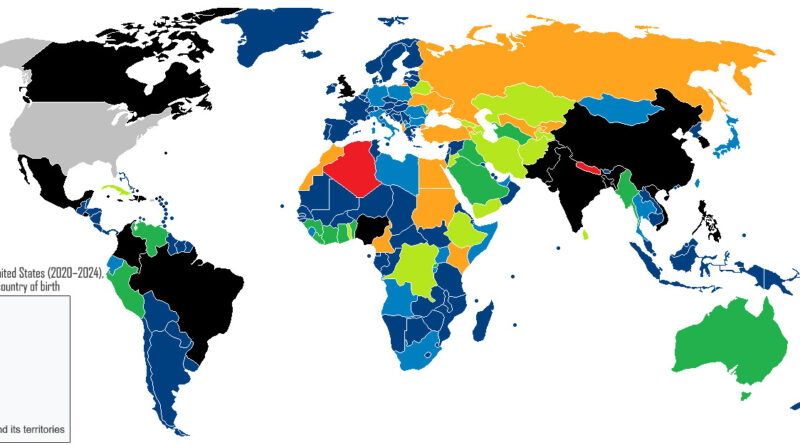 World map of New Immigrants to the United States (2020-2024) in diversity category, by country of birth