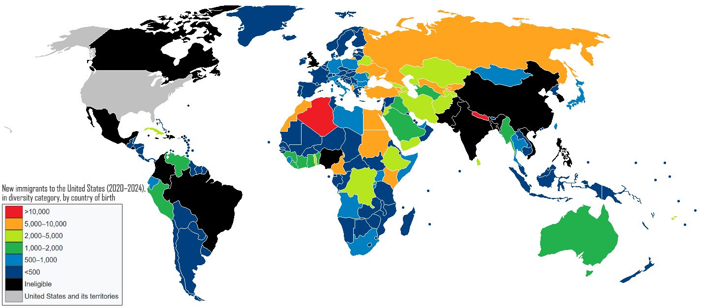 World map of New Immigrants to the United States (2020-2024) in diversity category, by country of birth
