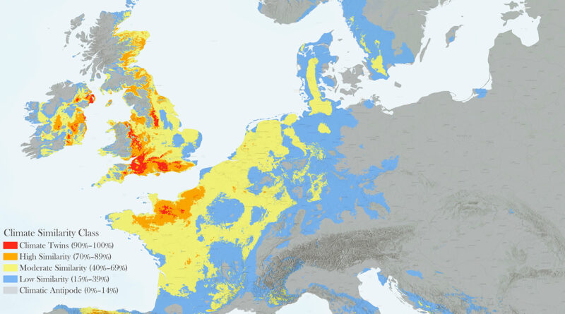 Climatic similarity to Camelot (Europe) for Europe