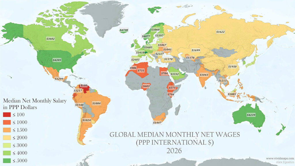 World map: Global Median Monthly NET Wages