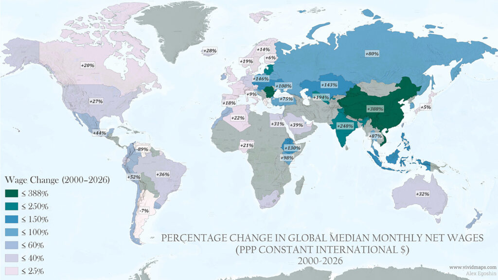 World map: Percentage Change Global Median Net Wages