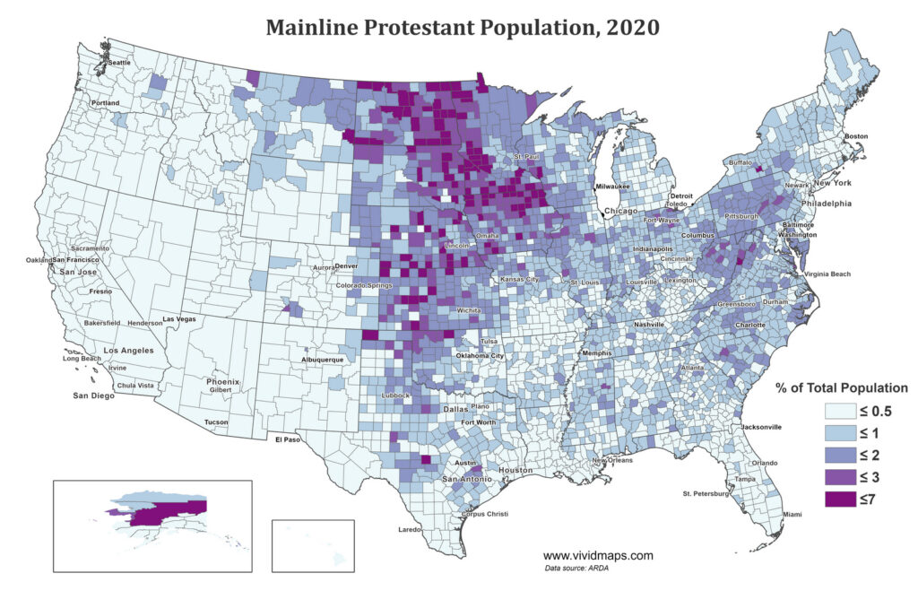 Mainline Protestants by U.S. county in 2020