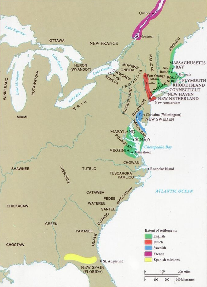 Settlements and native tribes in North America in 1650 Mapped