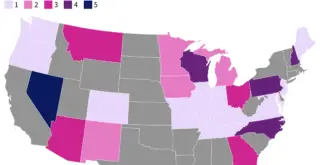 U.S. States won by less than three points in the last 8 presidential elections (1992–2020), by number of elections