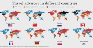 World map of travel advisory in different countries