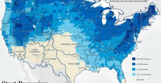 Change in annual precipitation in the United States by 2050 mapped.