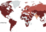 World map of the most common blood type by country